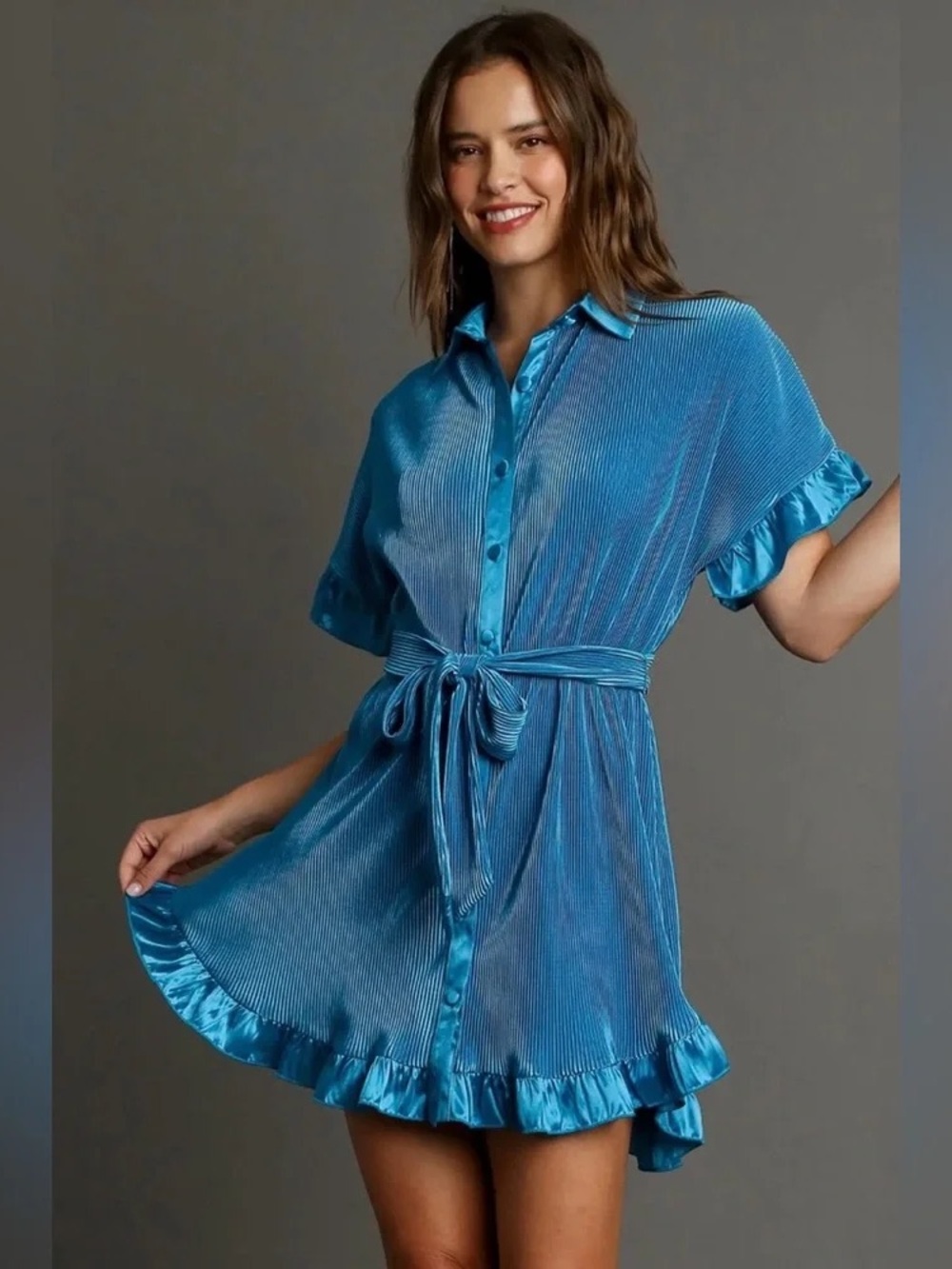 UMGEE Satin Collared Ruffled Button Down Tie-Waist Shirt Dress - Black